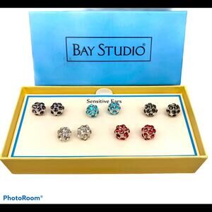 Bay Studio Earrings NWT 6pc Boxed Set pave rhinestone ball stud